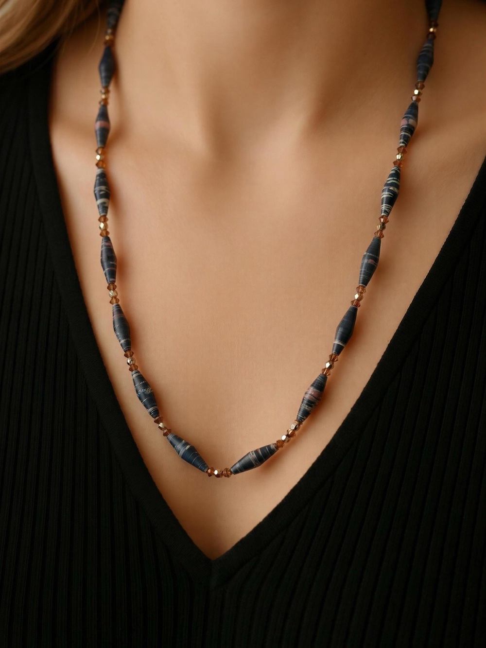 Source Unknown Navy and Copper Beaded Strand Necklace